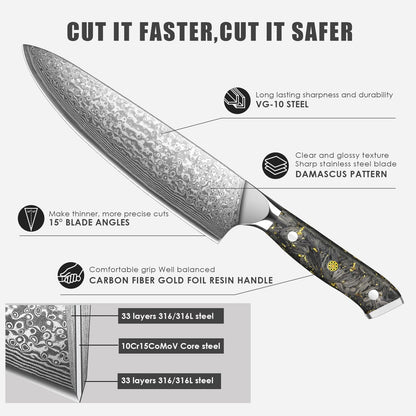 Engraved 8" Damascus Chef Knife Kitchen Gold Flake Resin Handle