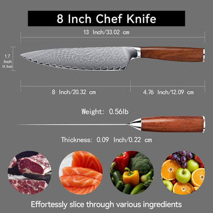 8" Engraved Chef Knife Damascus Chef Pakka Wood Handle