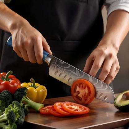 7 Inch Santoku Chef Knife with Blue Resin Handle