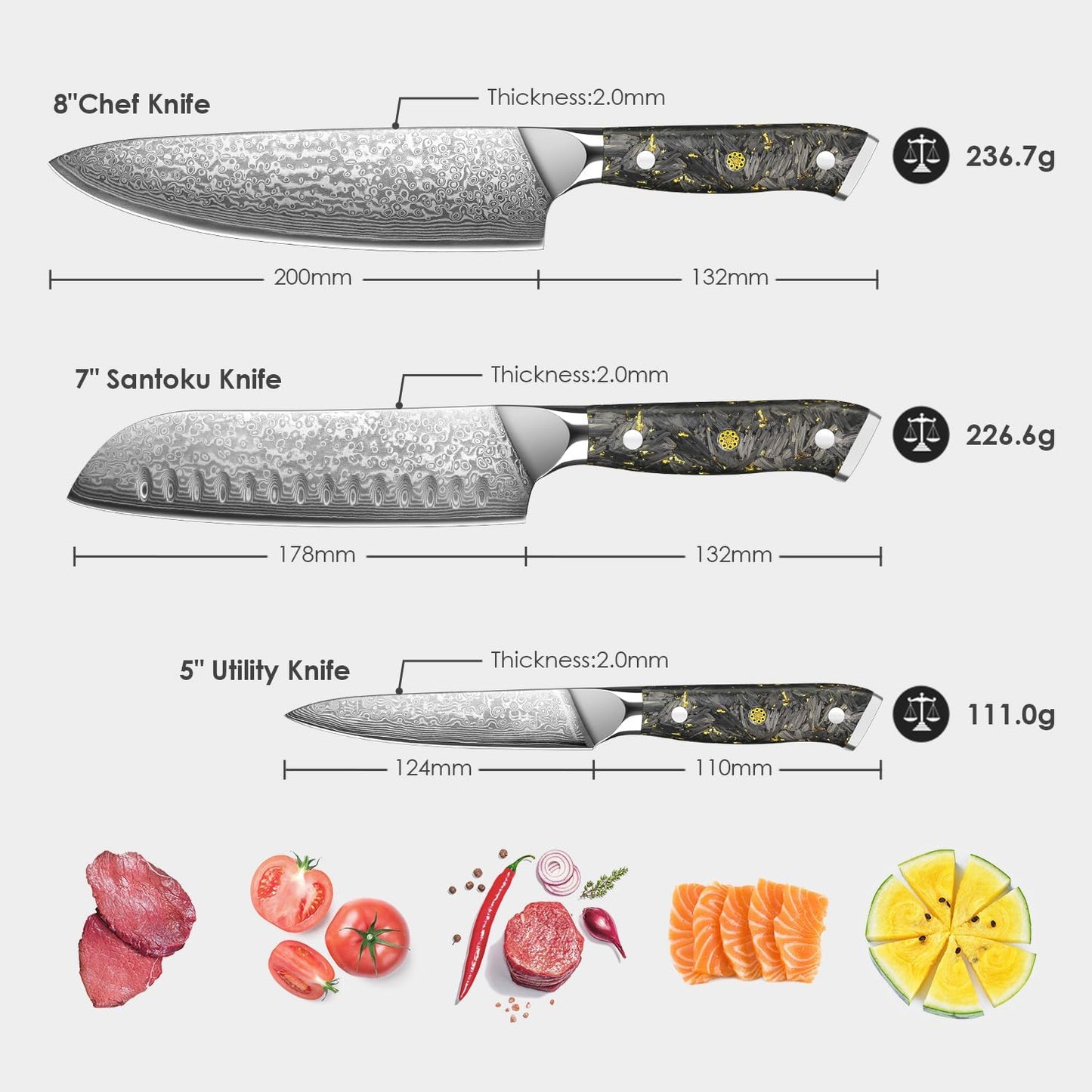 Set of 3 Chef Knives Engraved Damascus 8" Knife Gold Foil Handle