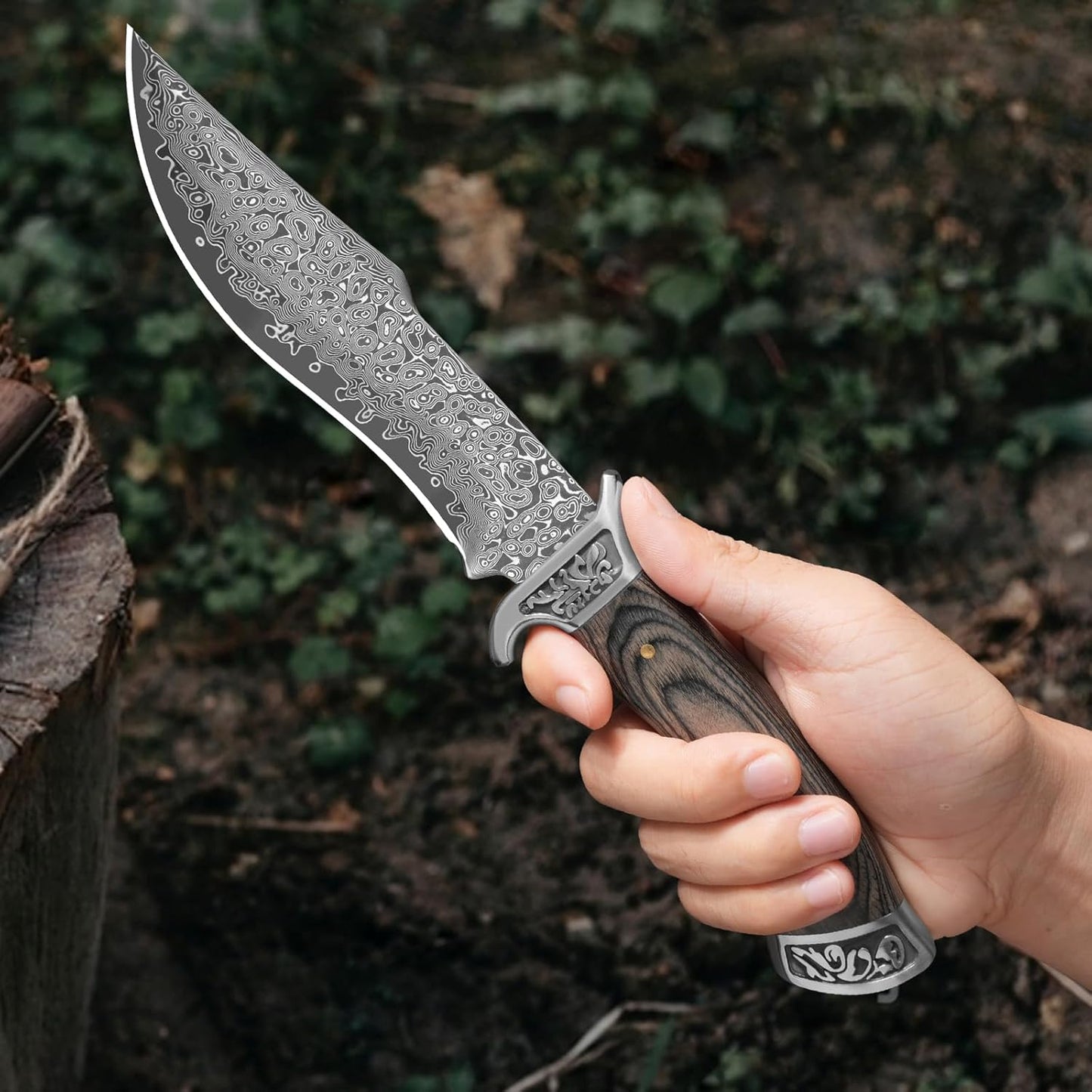 Damascus 10.75" Hunting Knife Dark Walnut Wood Handle