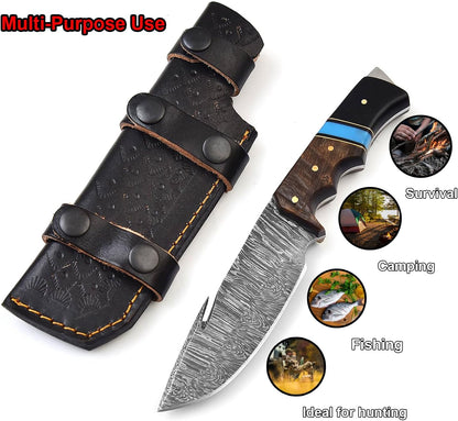 Ram Horn & Bull Horn Handle Damascus 9.5" Hunting Knife Blue Turquoise