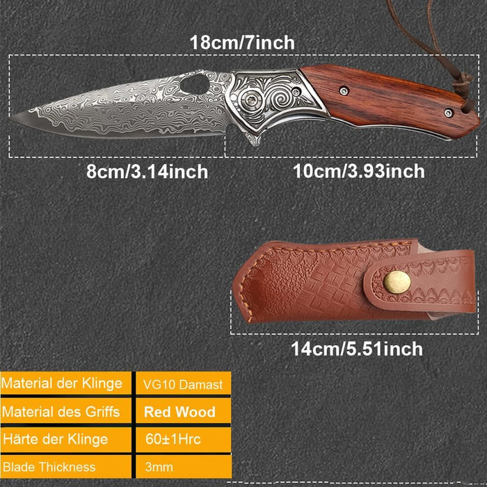 Engraved VG10 Damascus Folding Knife | Personalized Pocket Knife | Rose Wood Handle Knife | Wedding Husband Anniversary Father Gift | NR48