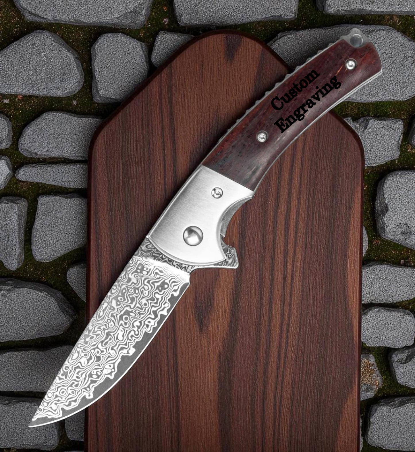 Damascus 7" Folding Knife Rose Wood Handle