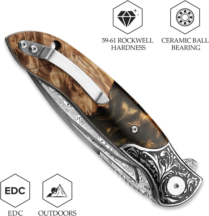 Engraved Damascus Pocket Knife | VG10 Personalized Folding Knife | Resin & Rosewood Handle | Wedding Husband Anniversary Father Gift | NR42
