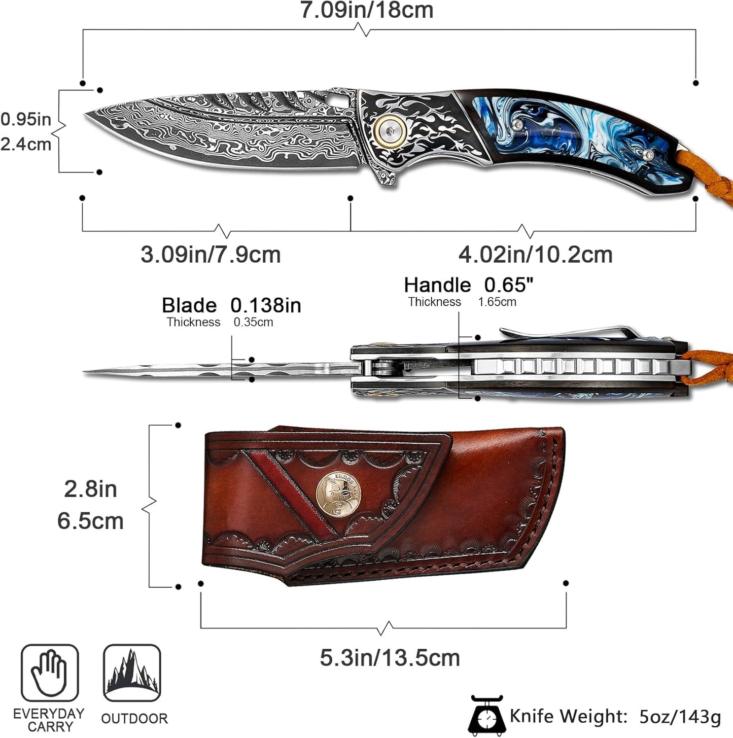 Resin Blue Inlay Damascus Pocket Knife