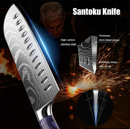 7 Inch Santoku Chef Knife with Purple Resin Handle