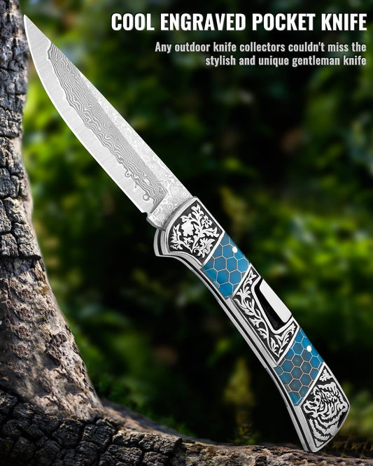 Damascus 8.6" Folding Knife Resin Handle
