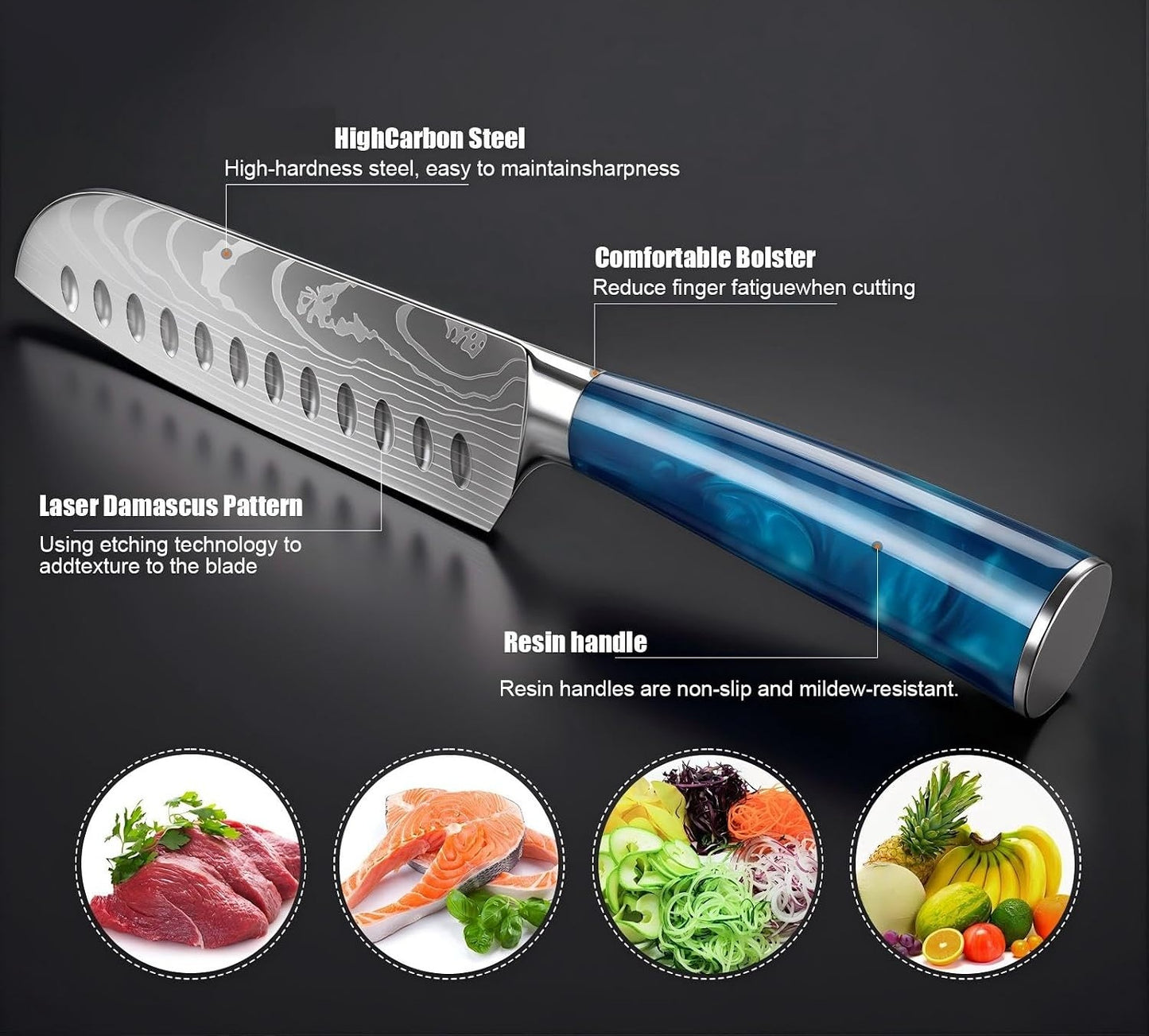 7 Inch Santoku Chef Knife with Blue Resin Handle
