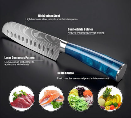 7 Inch Santoku Chef Knife with Blue Resin Handle