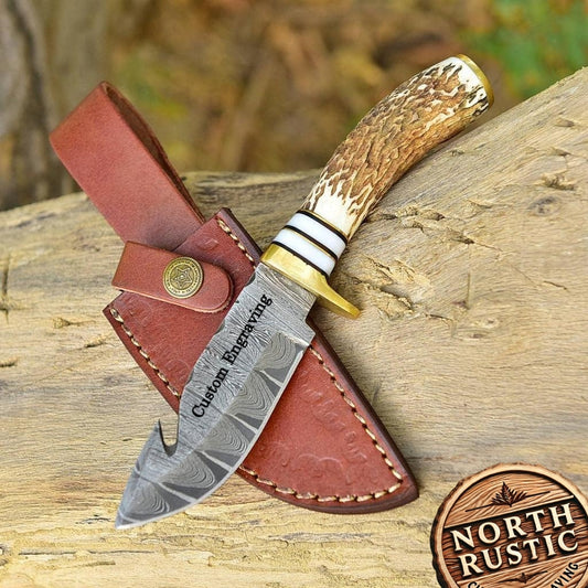 Deer Antler Handle 8.5" Damascus Hunting Knife