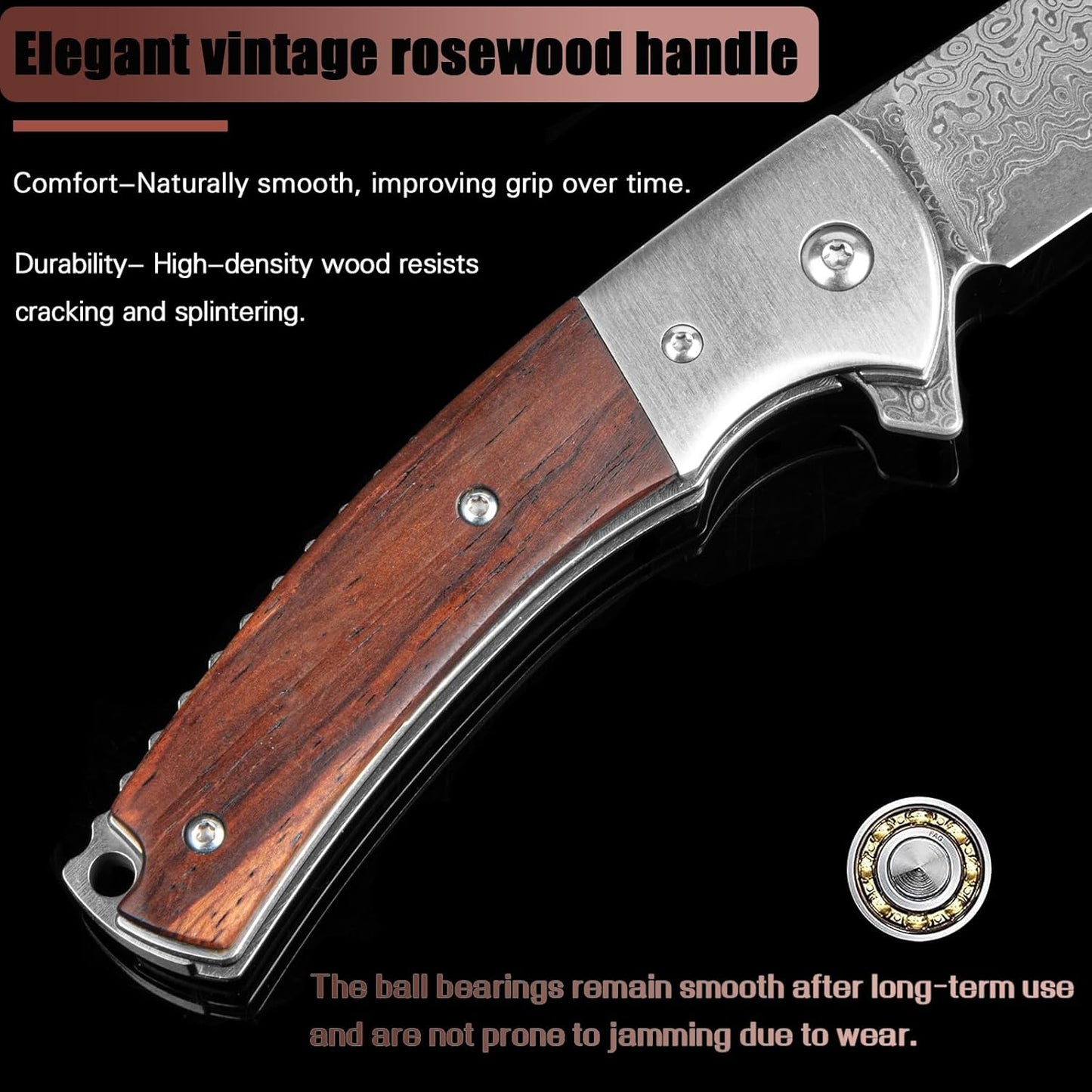 Damascus 7" Folding Knife Rose Wood Handle
