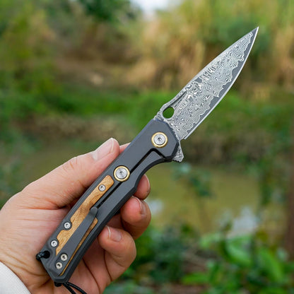 Maple Wood Inlay 3.46" Damascus Pocket Knife