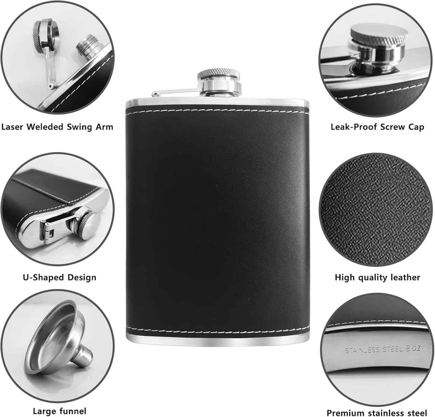 Black Leather 8oz Hip Flask With Funnel & 2 Cups