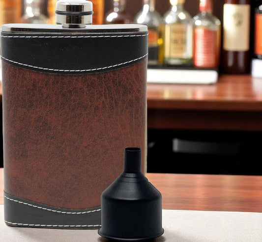 Brown & Black Leather 8oz Hip Flask With Funnel