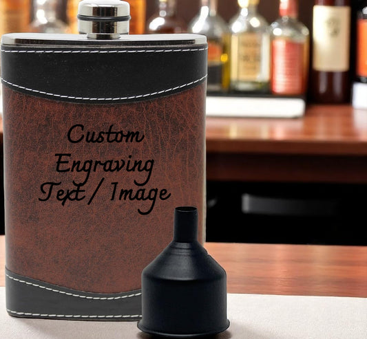 Brown & Black Leather 8oz Hip Flask With Funnel