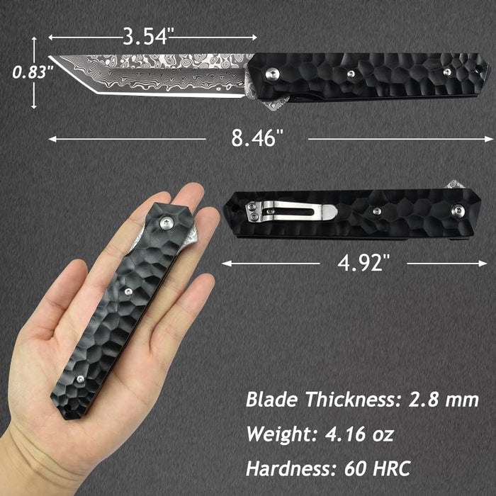 Damascus Tanto Pocket Knife Aluminum Alloy Handle NR29