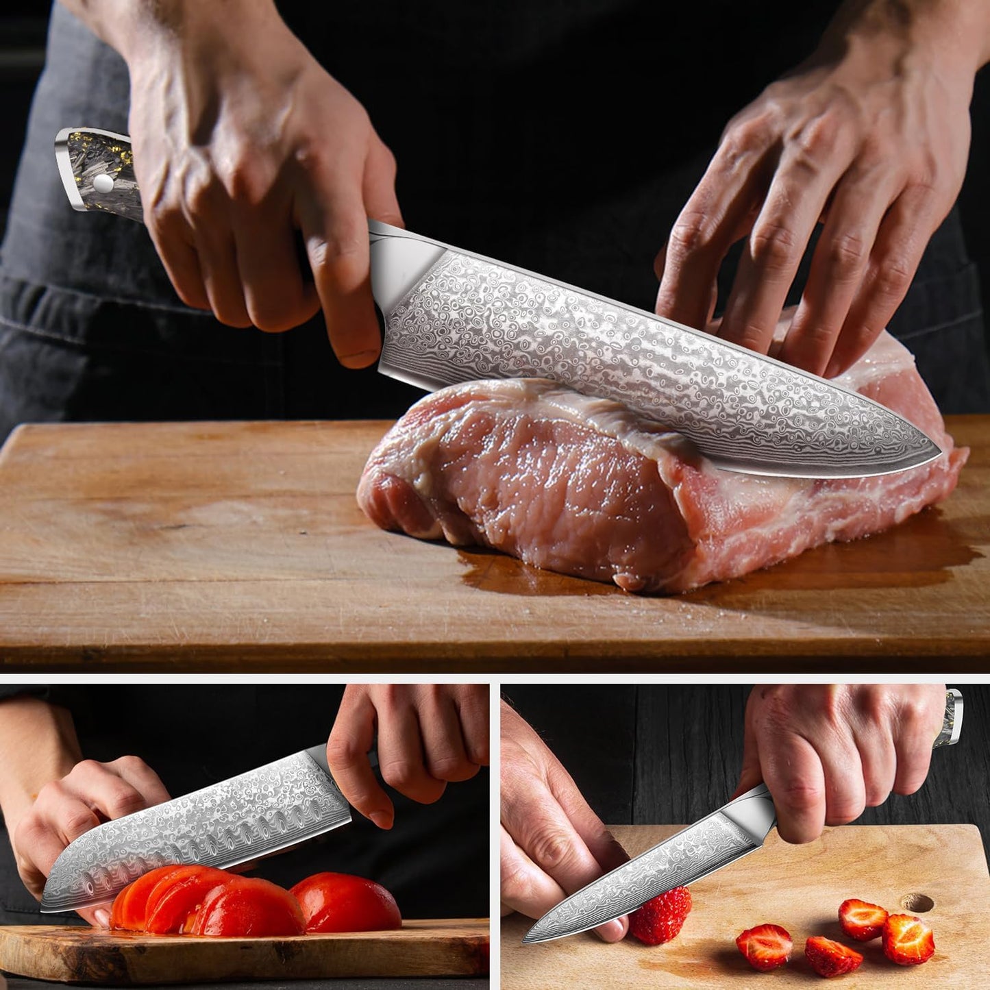 Set of 3 Chef Knives Engraved Damascus 8" Knife Gold Foil Handle