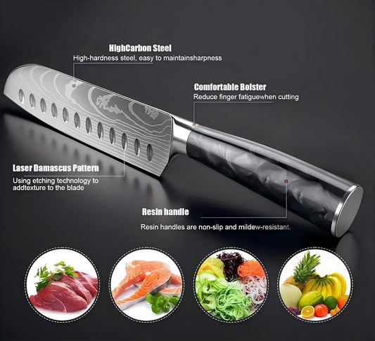 7 Inch Santoku Chef Knife with Black Resin Handle