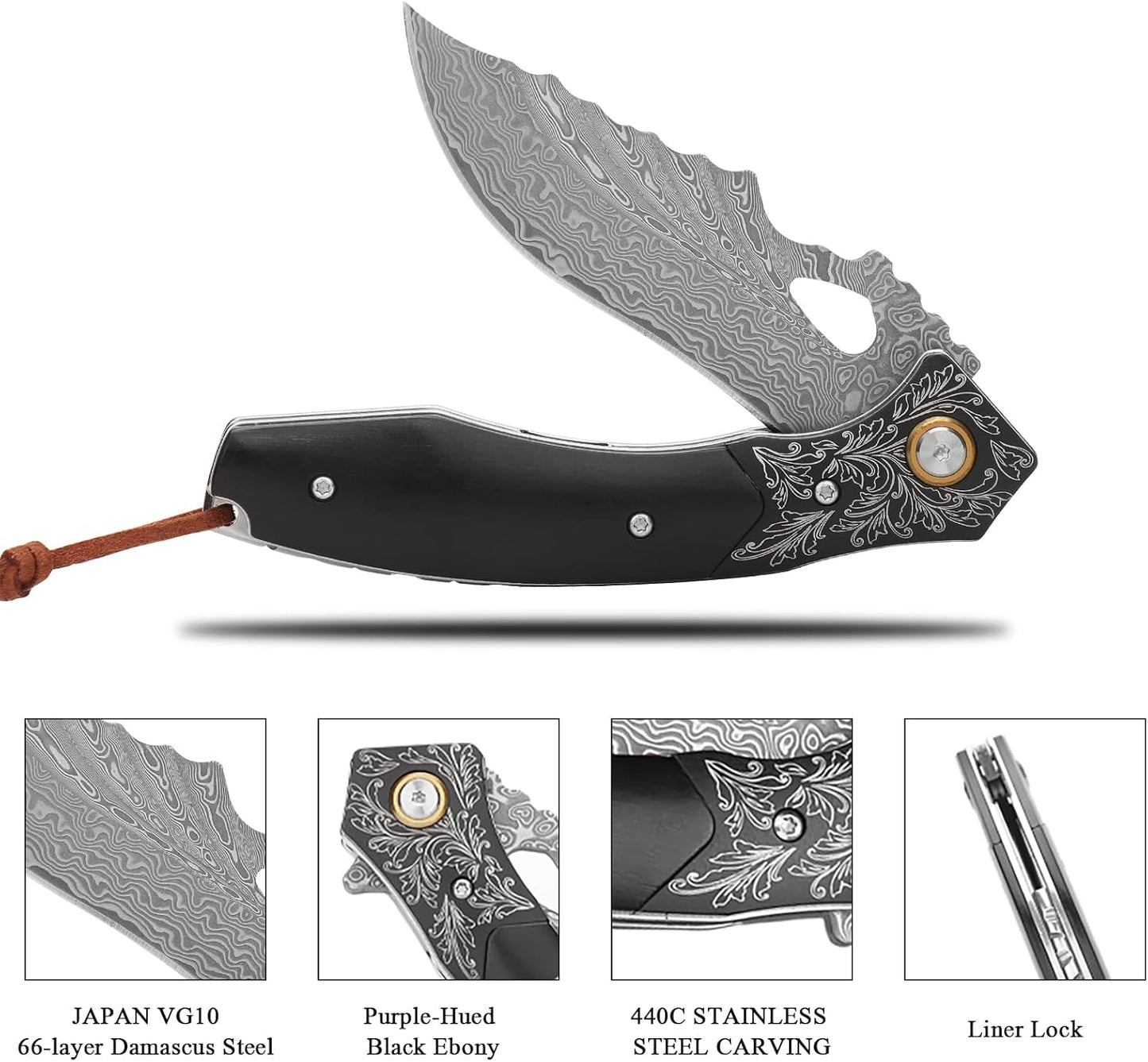 Damascus Folding Knife: Ebony Wood Handle, Engraved Pocket Knife Personalized