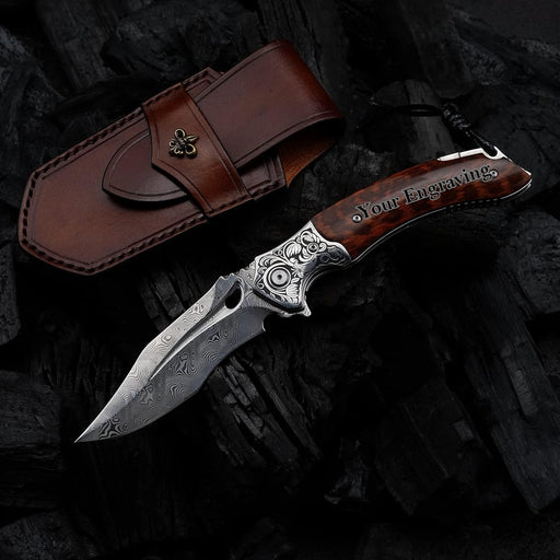 Engraved VG10 Damascus Pocket Knife | Personalized Folding Knife | Snake Wood Handle Knife NR41