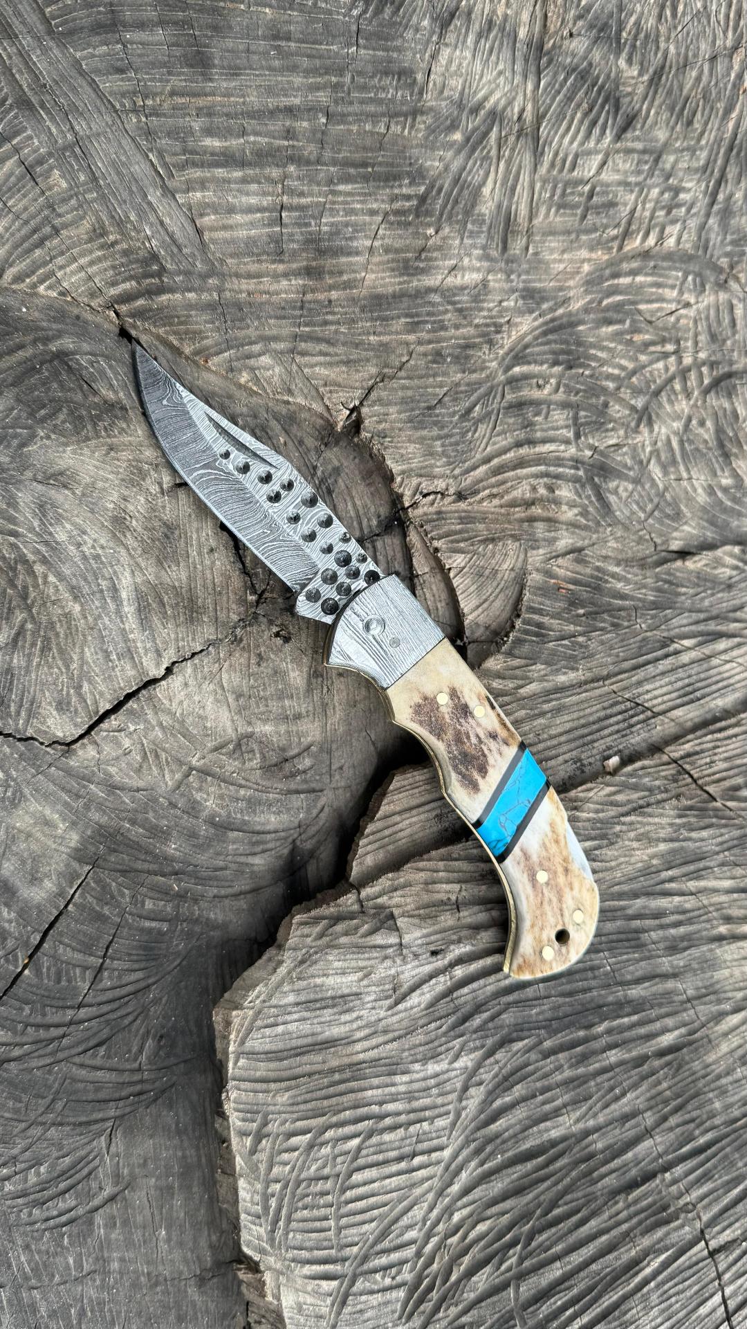 Engraved Damascus Folding Pocket Knife - Deer Antler Handle