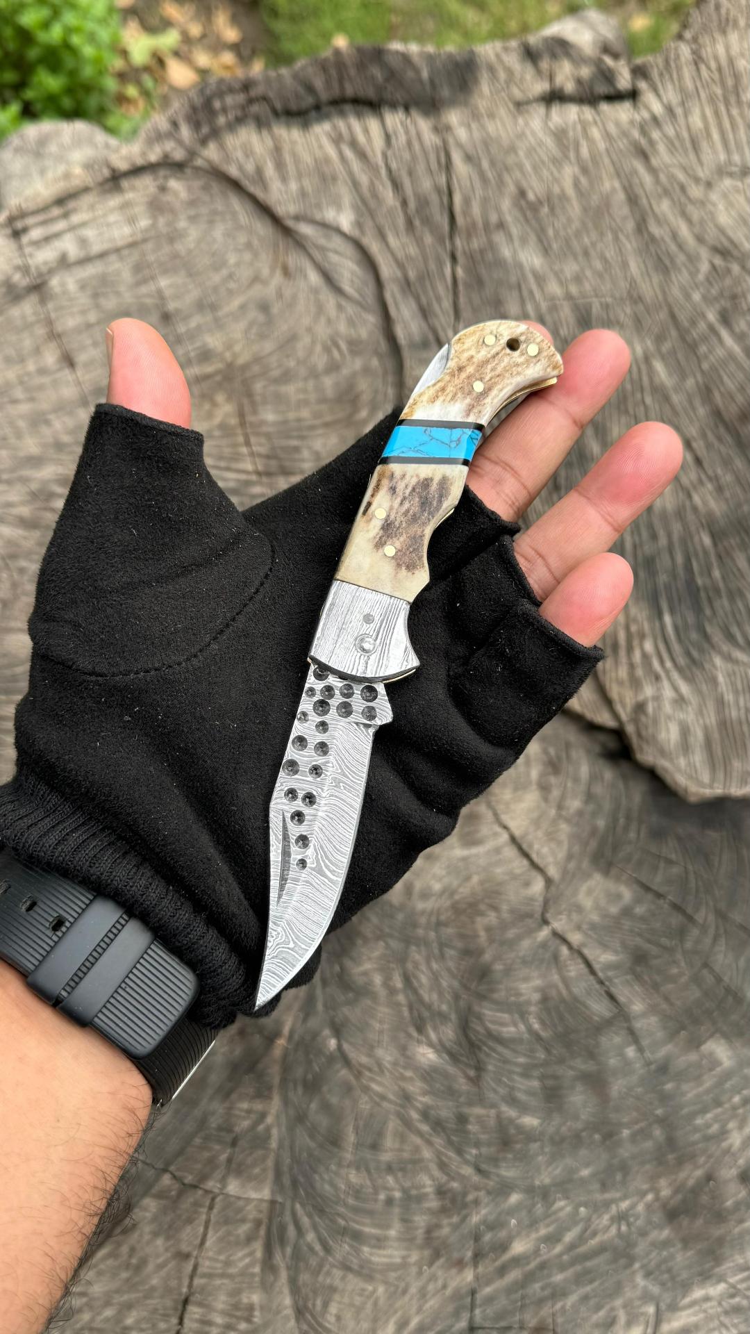 Engraved Damascus Folding Pocket Knife - Deer Antler Handle
