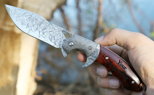 VG10 Damascus Pocket Folding Knife Rose Wood Handle NR04 - North Rustic