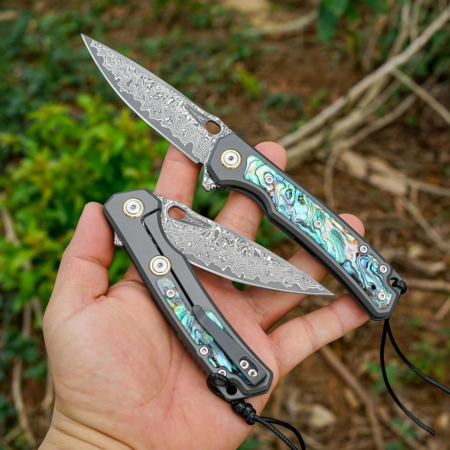 Engraved Damascus Pocket Knife - EDC Folding Knife with Abalone Handle