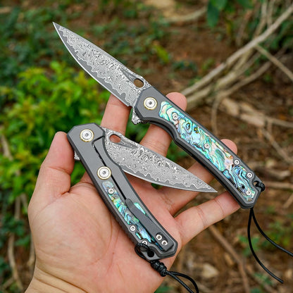 Engraved Damascus Pocket Knife - EDC Folding Knife with Abalone Handle