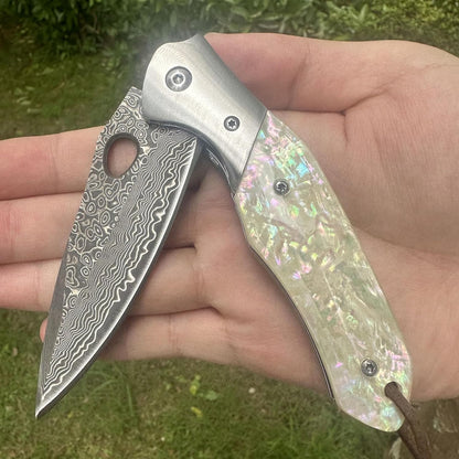 Tan Abalone Handle Engraved Damascus Pocket Knife