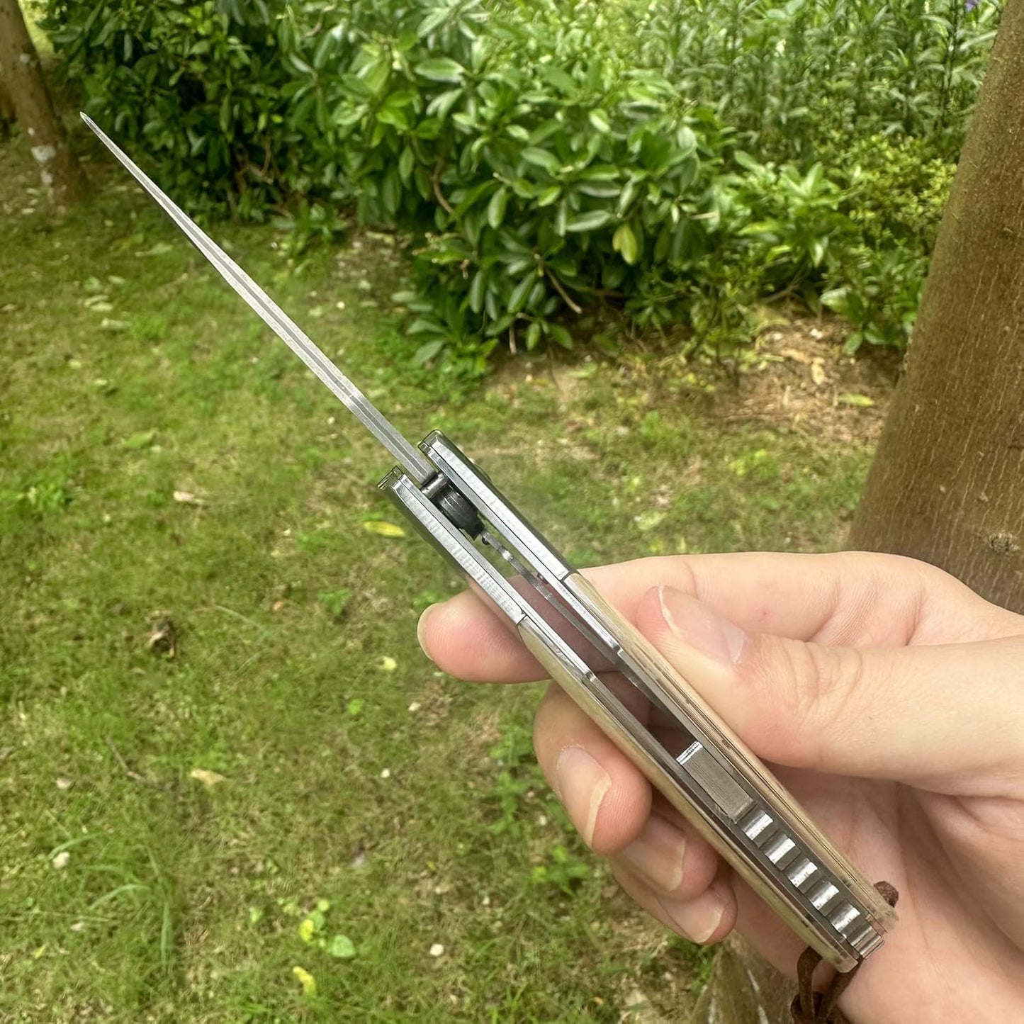 Tan Abalone Handle Engraved Damascus Pocket Knife