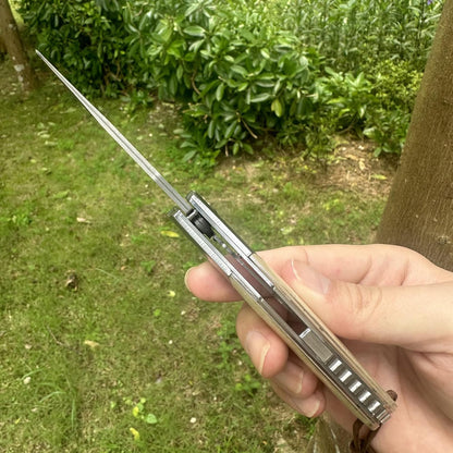 Tan Abalone Handle Engraved Damascus Pocket Knife