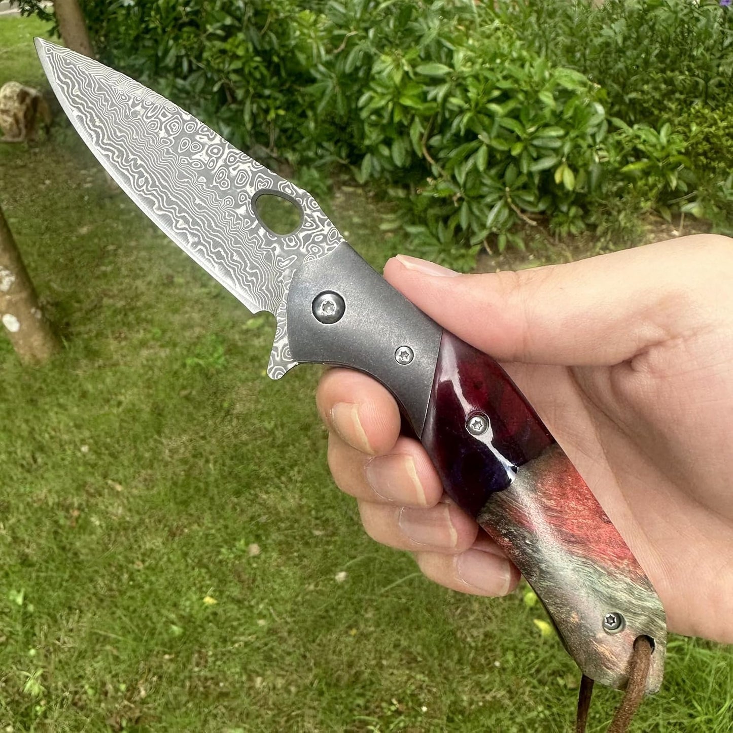 Walnut Wood & Resin Handle Engraved Damascus Pocket Knife