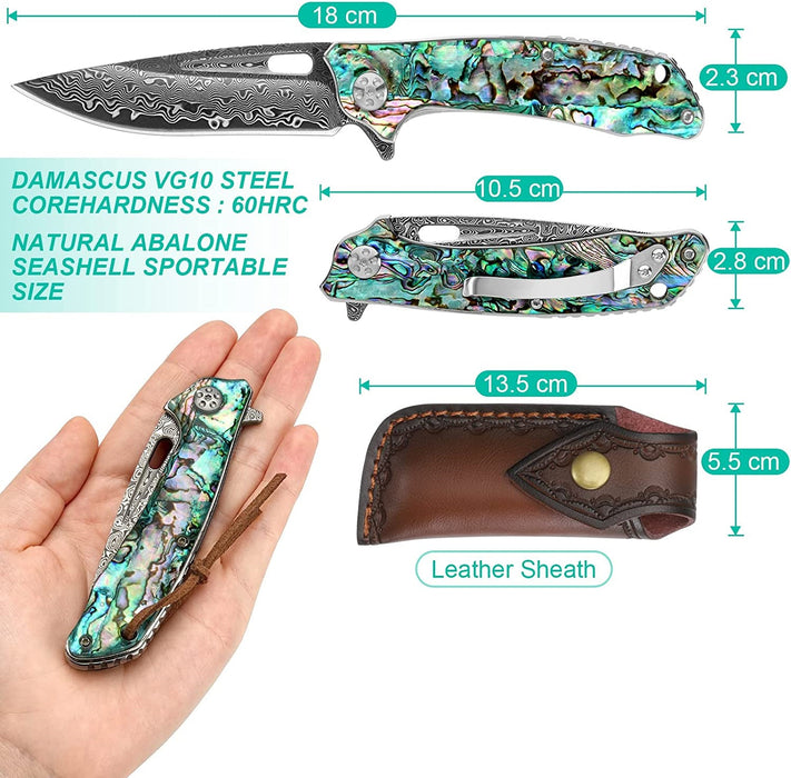 Damascus Pocket Folding Knife Abalone Shell Handle VP100 - North Rustic