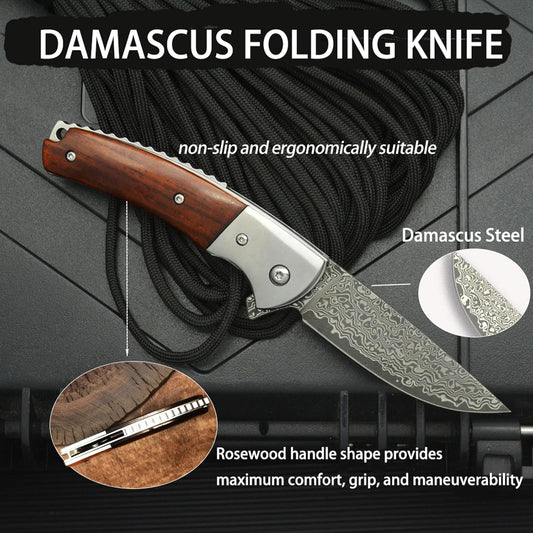 Damascus 7" Folding Knife Rose Wood Handle