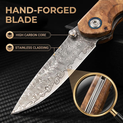 Personalized Damascus Pocket Knife – Burl Wood Handle