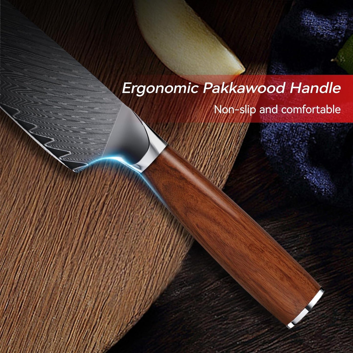 8" Engraved Chef Knife Damascus Chef Pakka Wood Handle