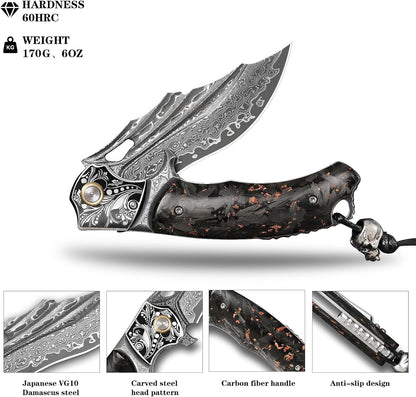 Gold Flake Damascus Pocket Knife Wave Pattern Engraved