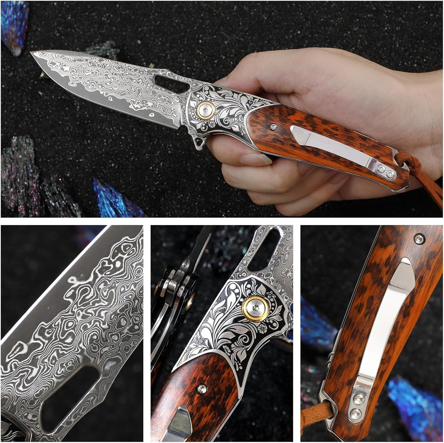 Engraved Damascus Pocket Knife Snake Wood Handle