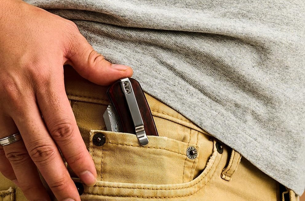 Rose Wood Damascus Tanto Pocket Knife