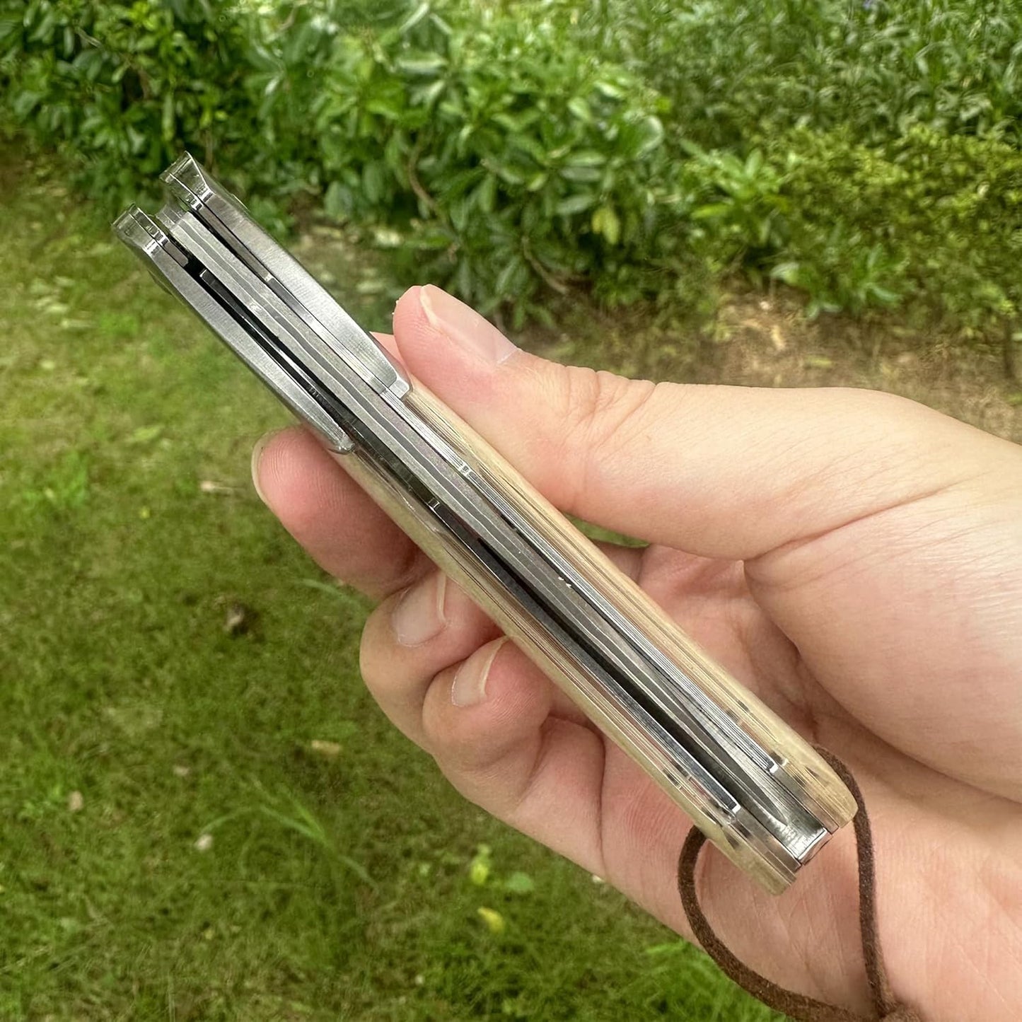 Tan Abalone Handle Engraved Damascus Pocket Knife