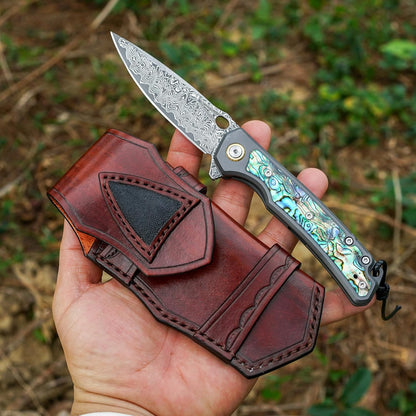 Engraved Damascus Pocket Knife - EDC Folding Knife with Abalone Handle