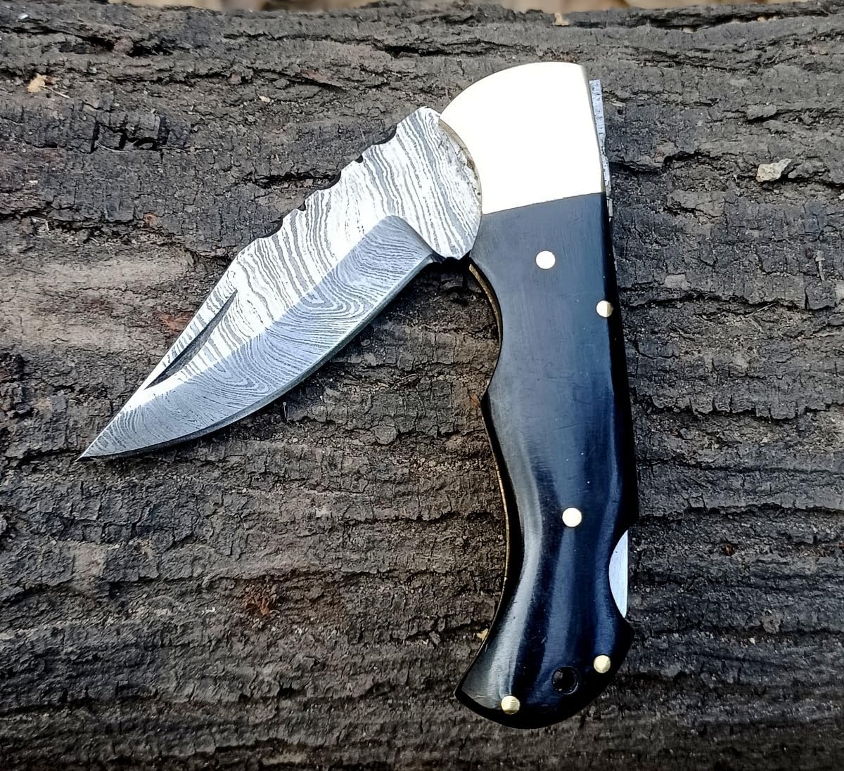 Bull Horn Handle 6.5" Damascus Pocket Knife