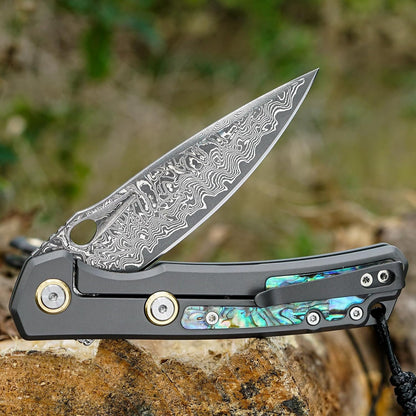 Engraved Damascus Pocket Knife - EDC Folding Knife with Abalone Handle