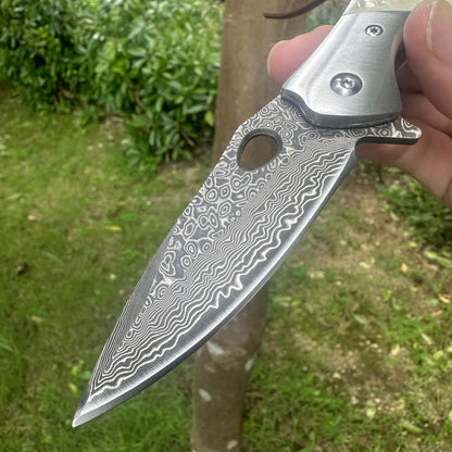 Tan Abalone Handle Engraved Damascus Pocket Knife