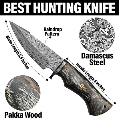 Pakka Wood Handle 10" Damascus Hunting Knife