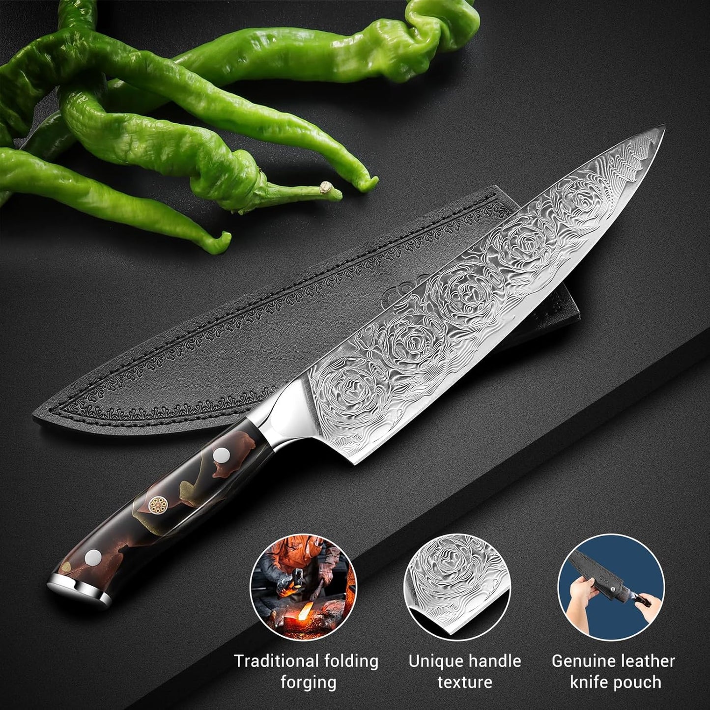 Engraved 8" Damascus VG10 Chef Knife Kitchen Culinary Wood Resin Handle