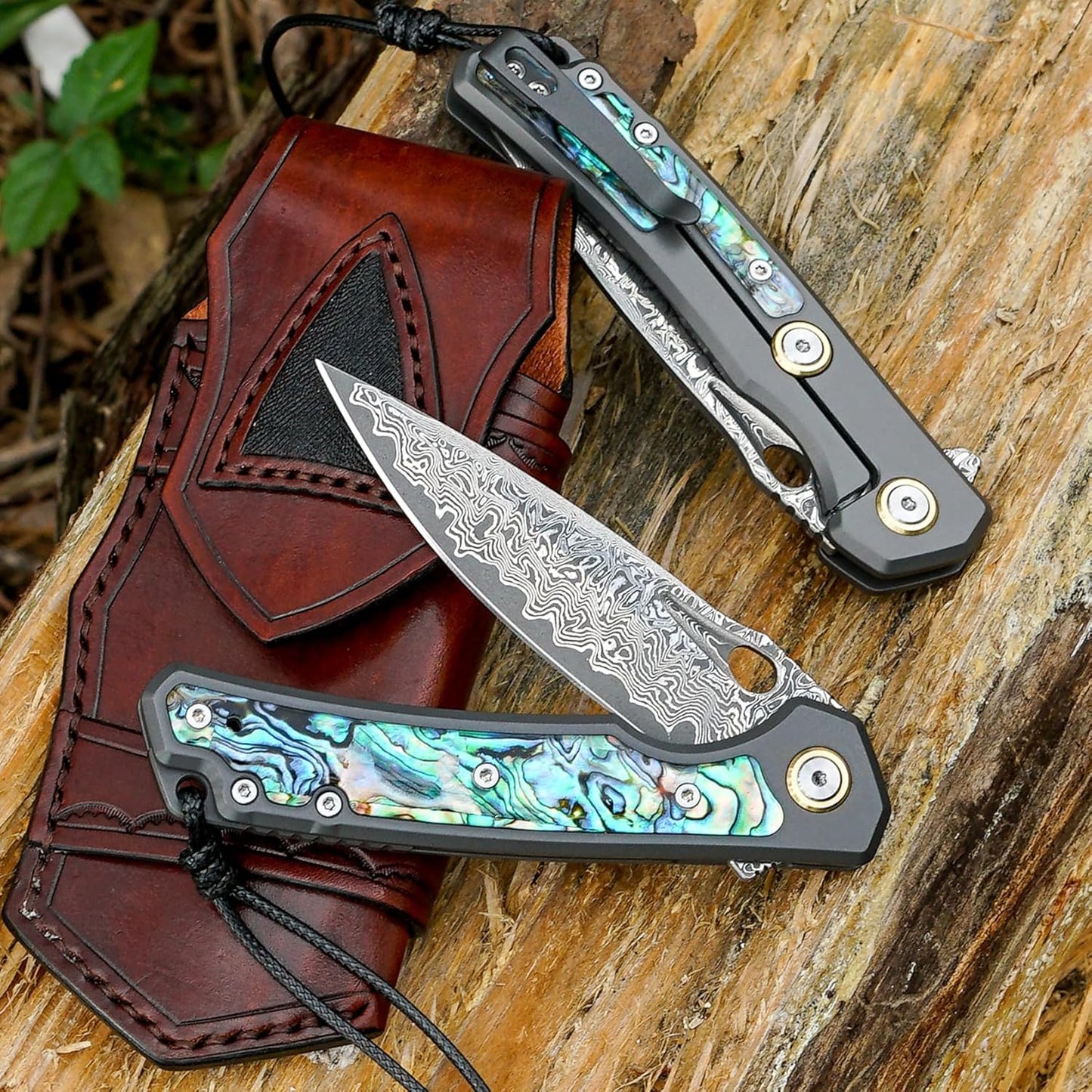 Engraved Damascus Pocket Knife - EDC Folding Knife with Abalone Handle
