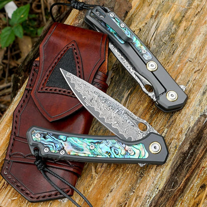 Engraved Damascus Pocket Knife - EDC Folding Knife with Abalone Handle